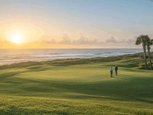 Early morning golfers on Jacksonville Beach Golf Course with ocean in background